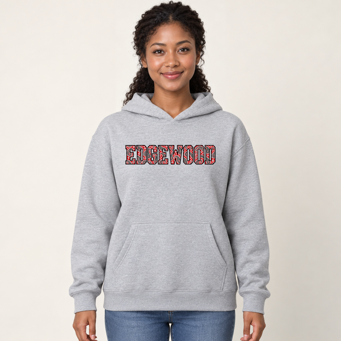 edgewood paisley hoodie in Sport Gray on a woman model