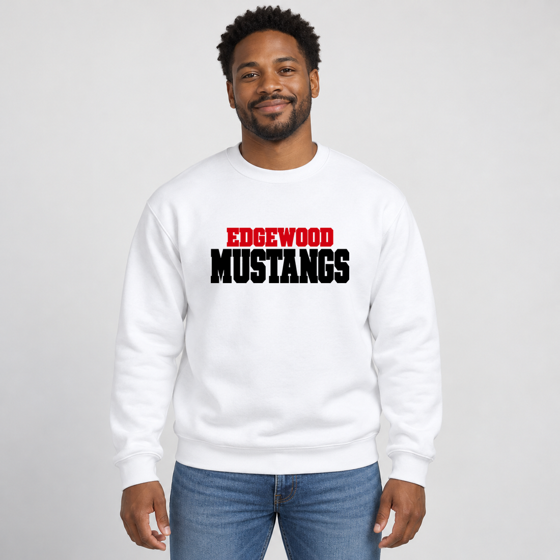 Edgewood Mustangs Classic Varsity Crewneck on an age-appropriate male model wearing White