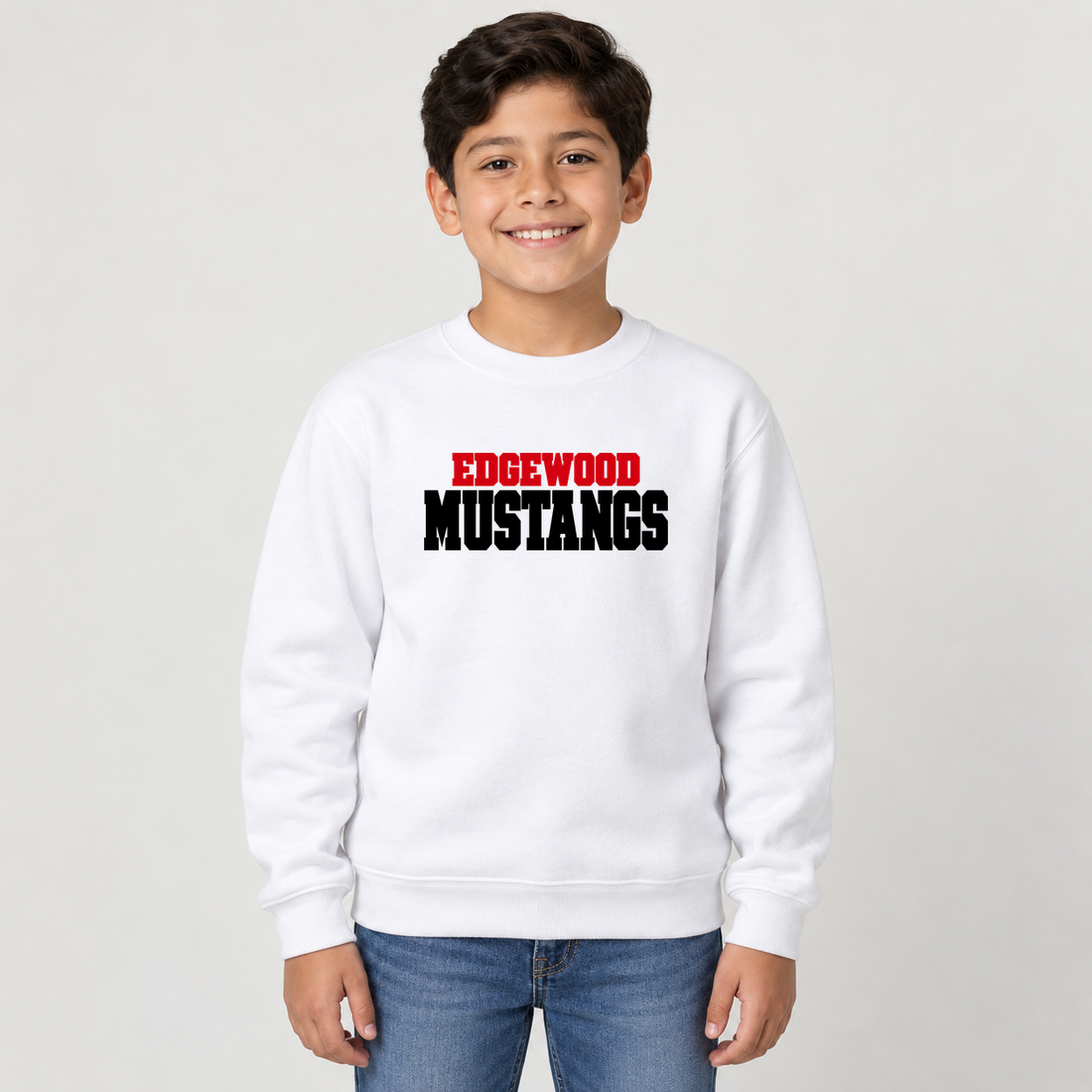 Edgewood Mustangs Classic Varsity Youth Crewneck on an age-appropriate male model wearing White