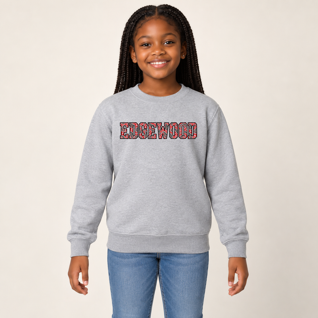 edgewood paisley crewneck in Sport Gray on a girl model