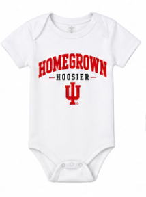 Homegrown Hoosier Block IU Short Sleeve Baby Onesie in White