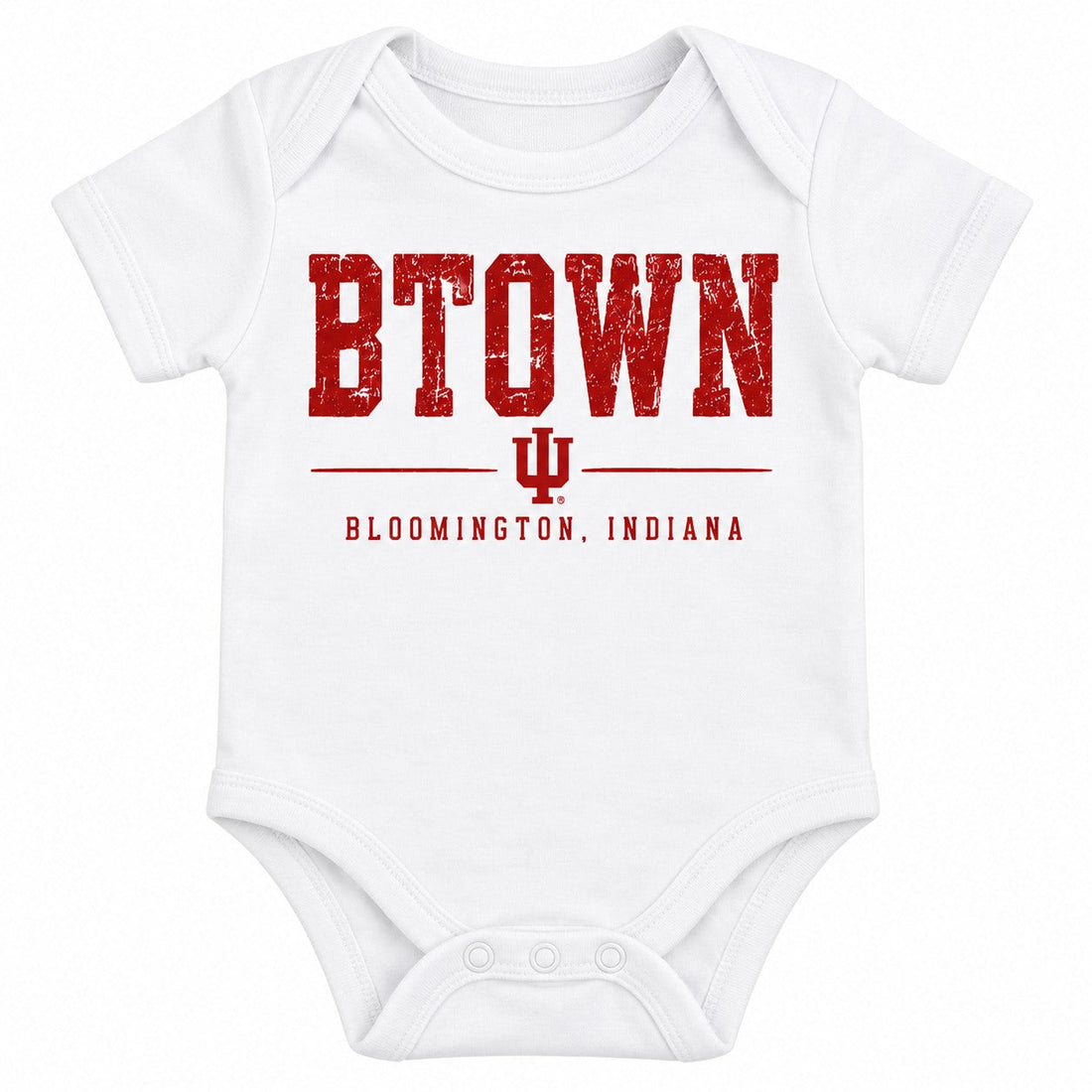 B-Town Classic IU Short Sleeve Baby Onesie in White — Distressed artwork