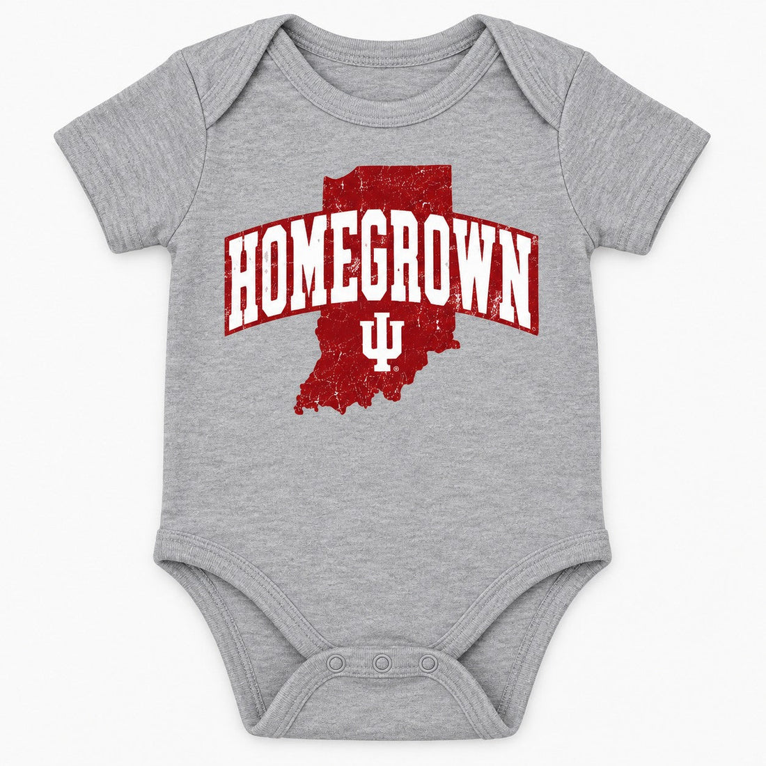 Homegrown Indiana State IU Short Sleeve Baby Onesie in Heather Gray