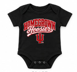 Homegrown Hoosier Script IU Short Sleeve Baby Onesie in Black