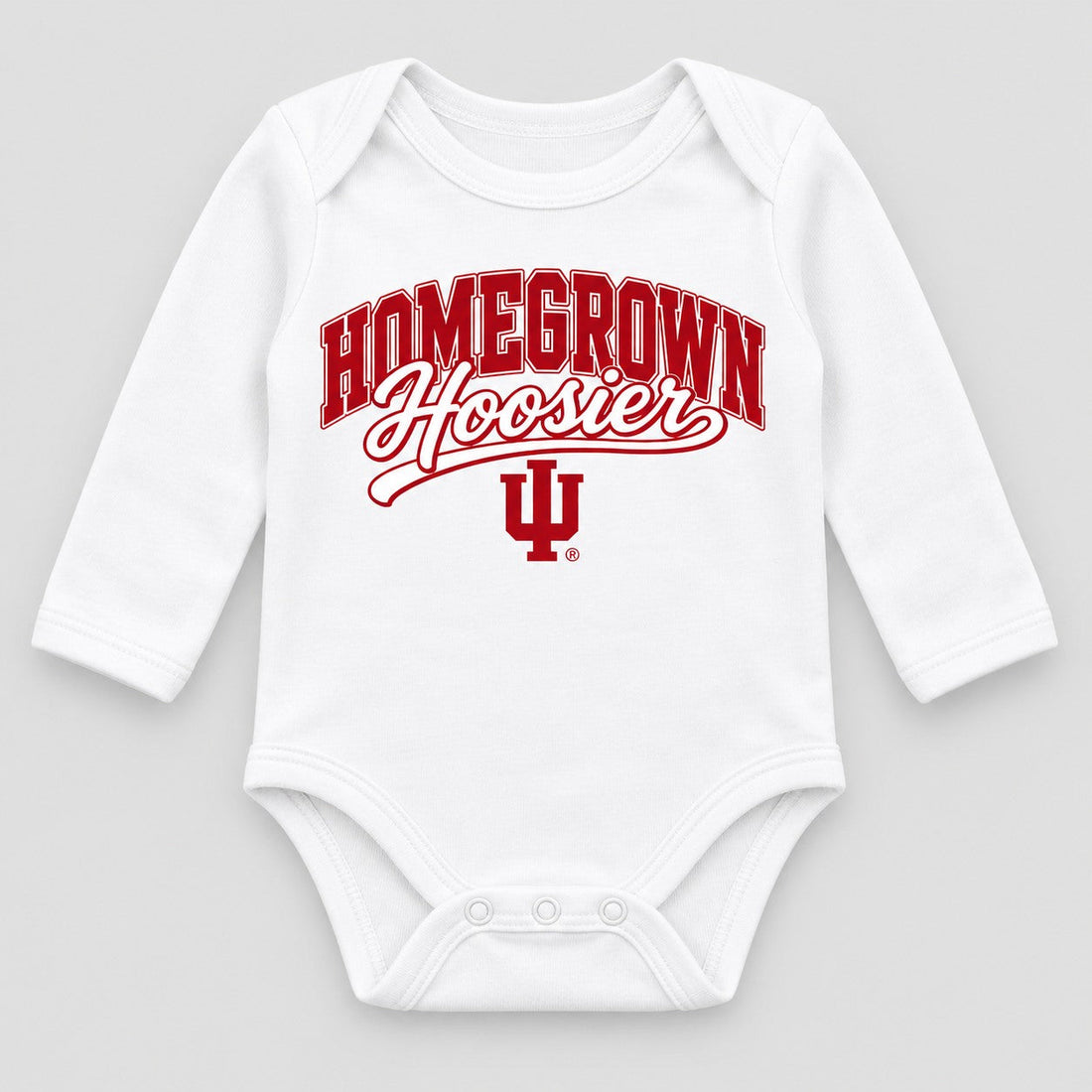 Homegrown Hoosier Script IU Long Sleeve Baby Onesie in White
