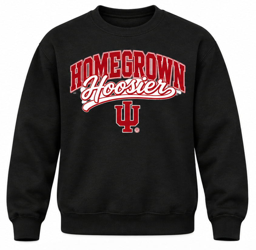 Homegrown Hoosier Script IU Crewneck in Black — Contrast outline artwork
