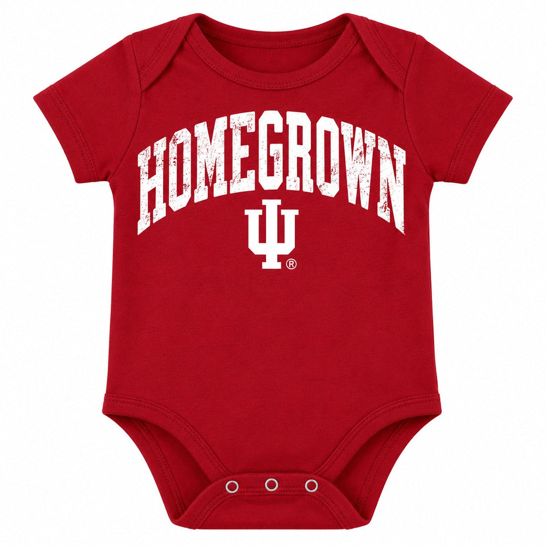 Homegrown Distressed IU Short Sleeve Baby Onesie in Crimson