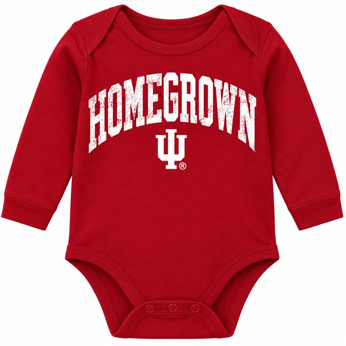 Homegrown Distressed IU Long Sleeve Baby Onesie in Crimson