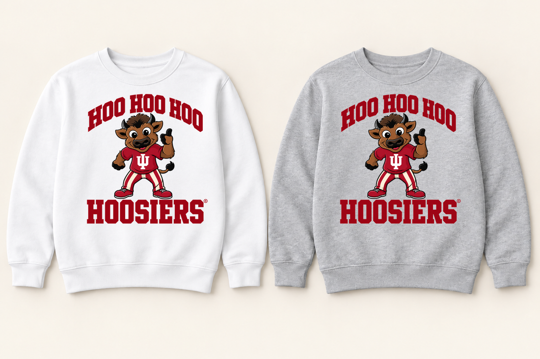 Hoo Hoo Hoo Hoosiers Youth Crewneck in White and Sport Gray
