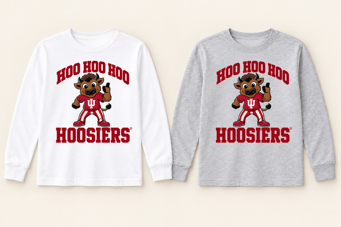 Hoo Hoo Hoo Hoosiers Youth Long Sleeve T-Shirt in White and Sport Gray