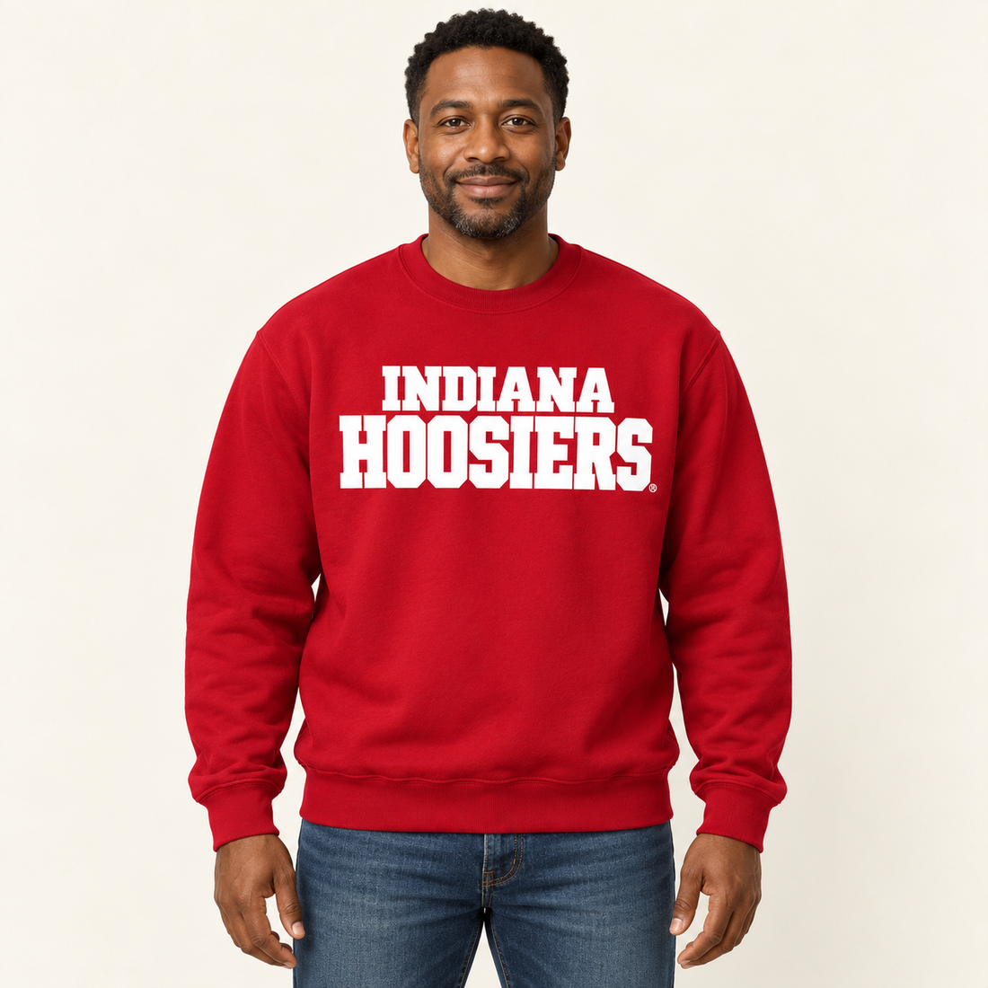 Stacked Indiana Hoosiers Crimson Crew adult model wearing crewneck