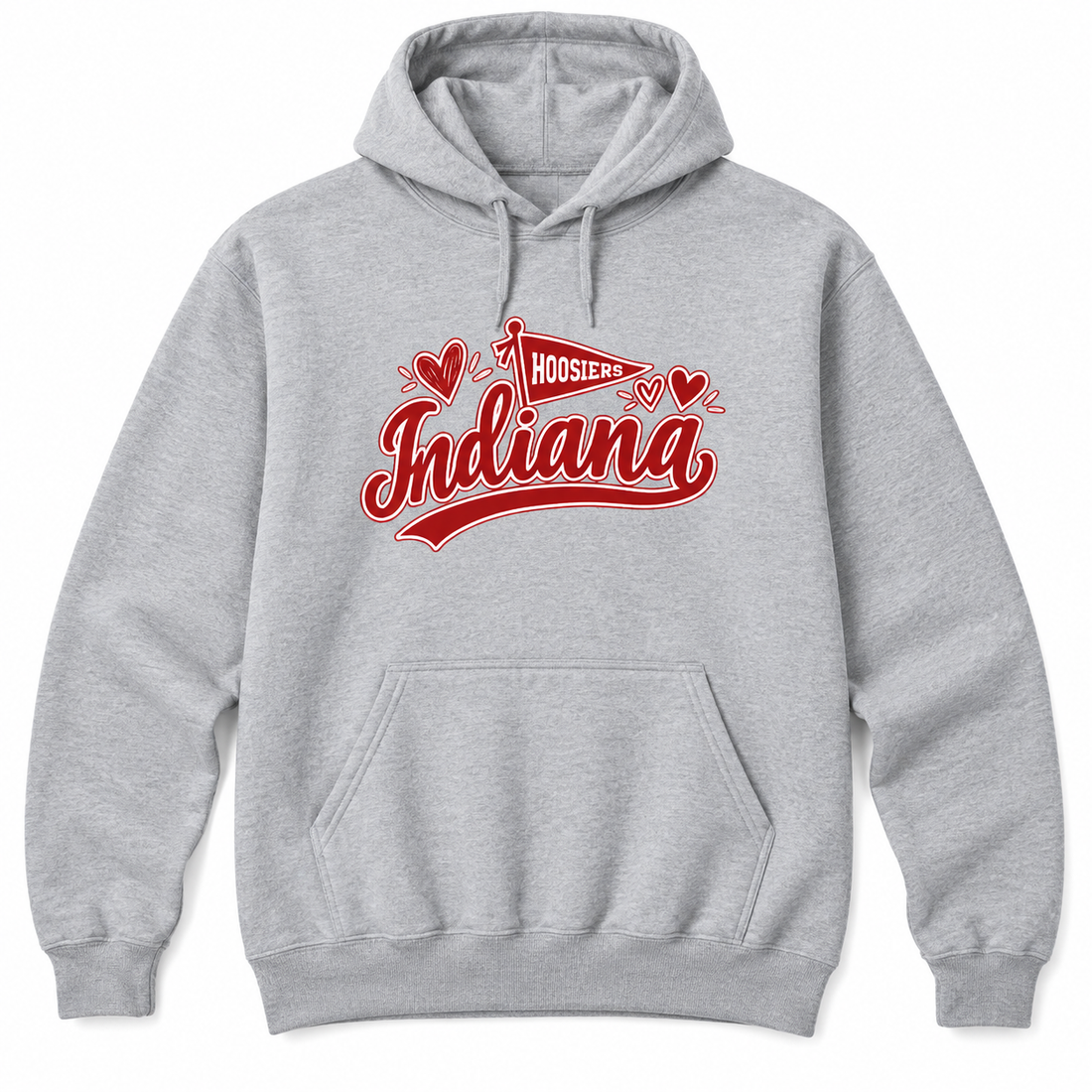 Indiana Hoosiers Pennant and Hearts hoodie flatlay in Sport Gray