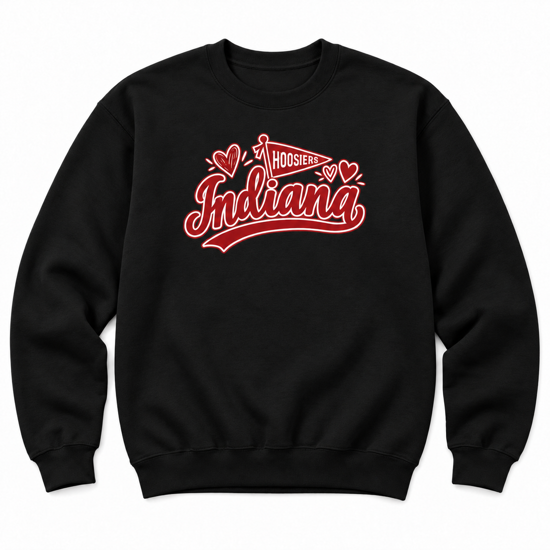 Indiana Hoosiers Pennant and Hearts crewneck flatlay in Black