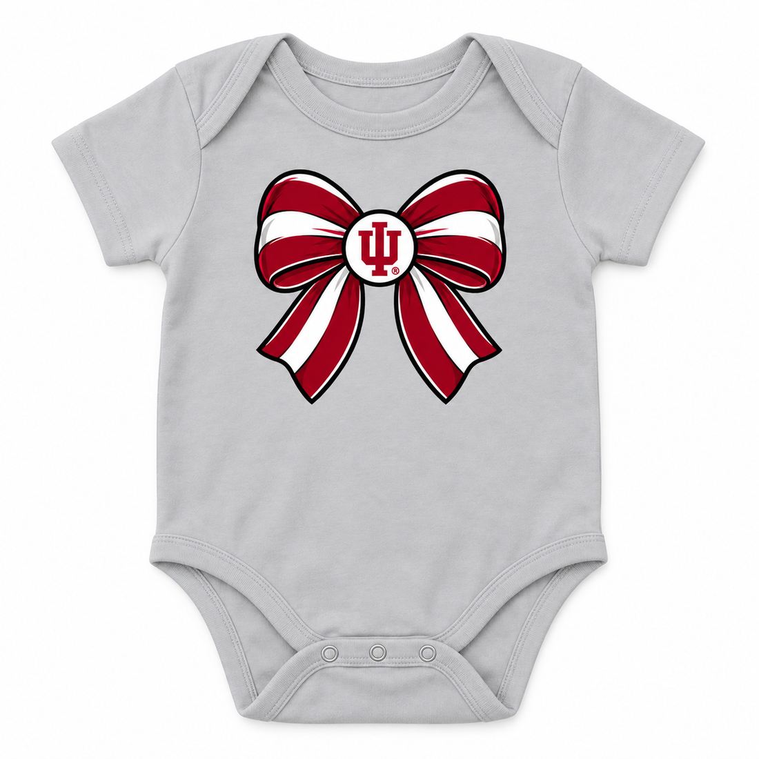 IU Bow onesie flatlay in Sport Gray