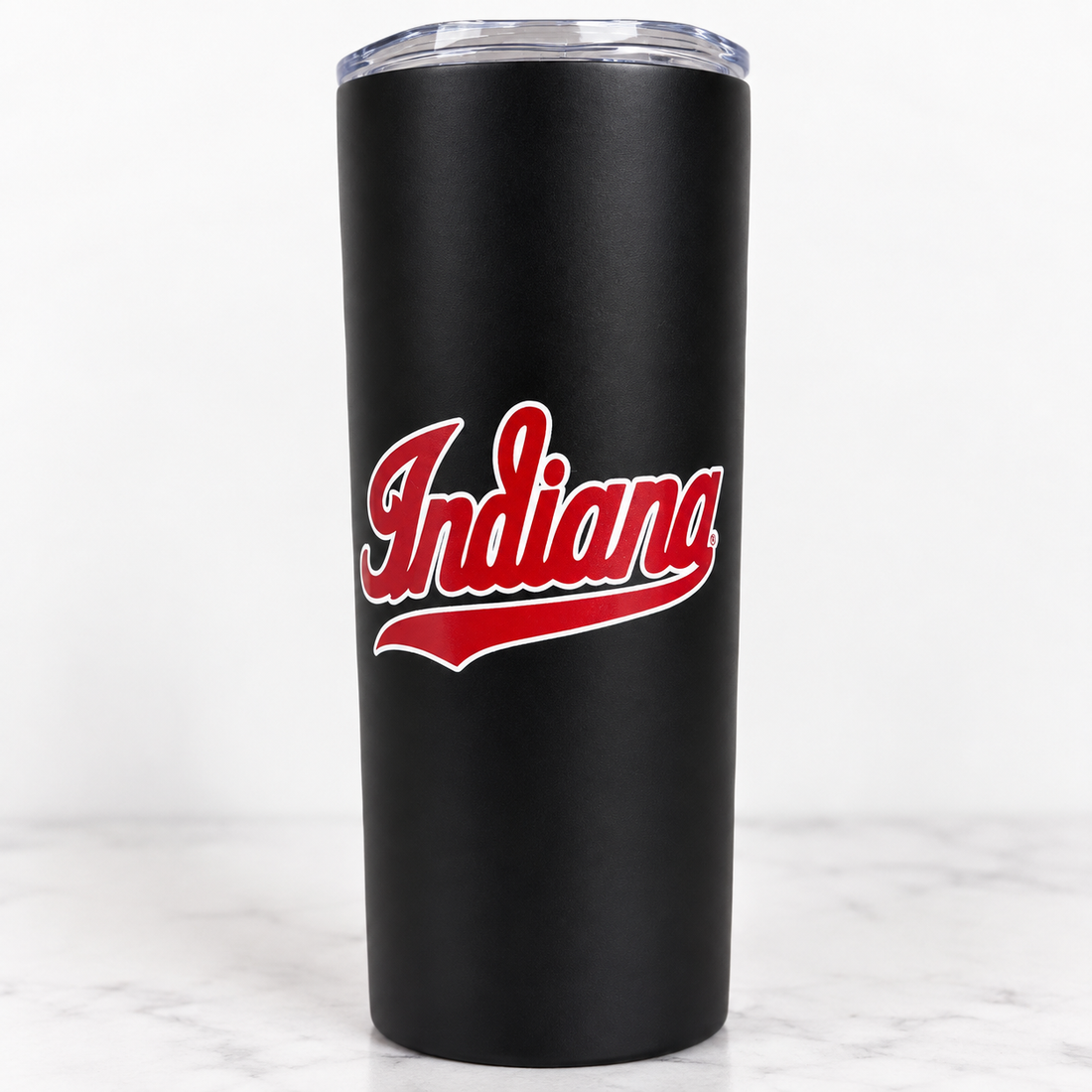 Black tumbler with red Indiana script and clear lid