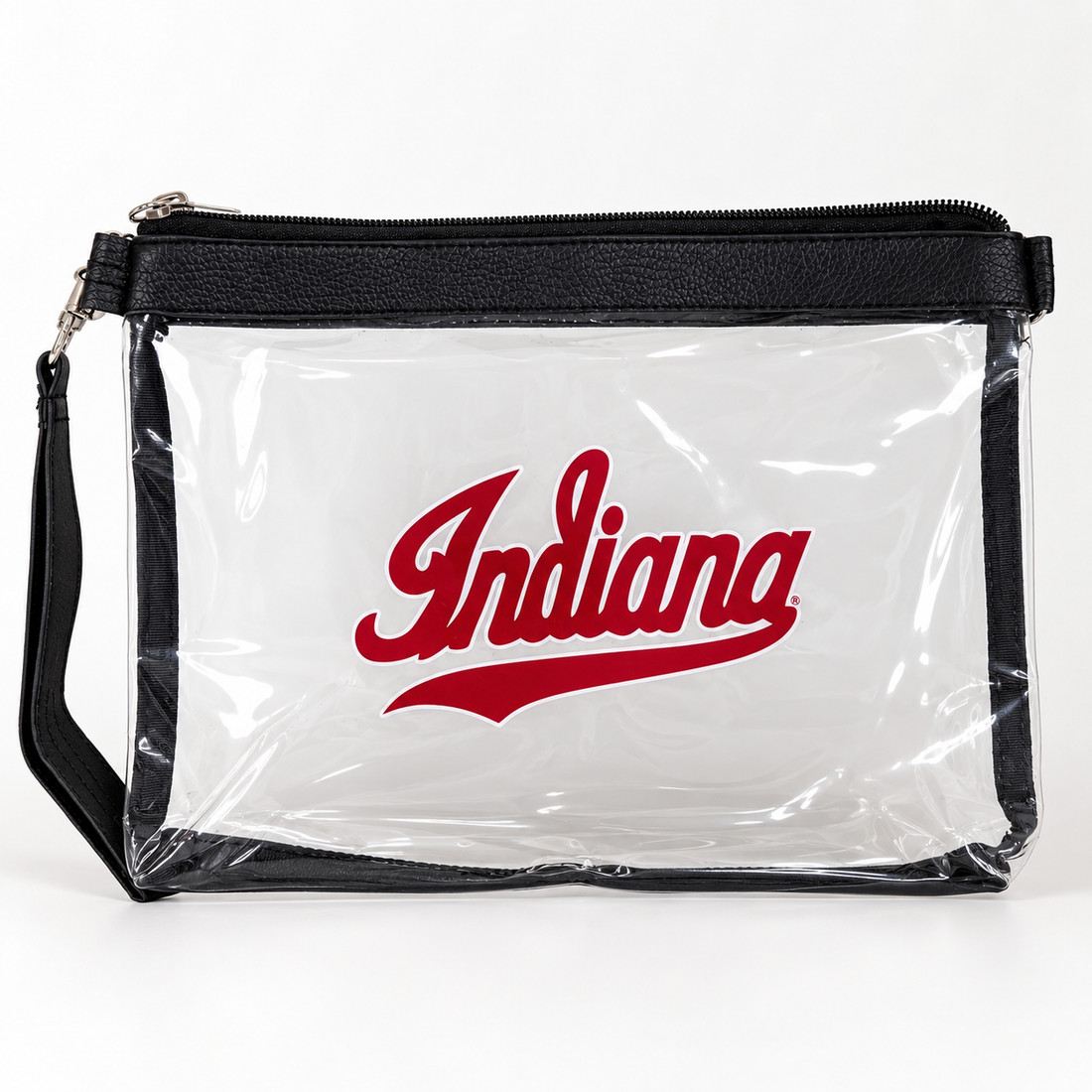 Clear wristlet bag with black trim and red Indiana script