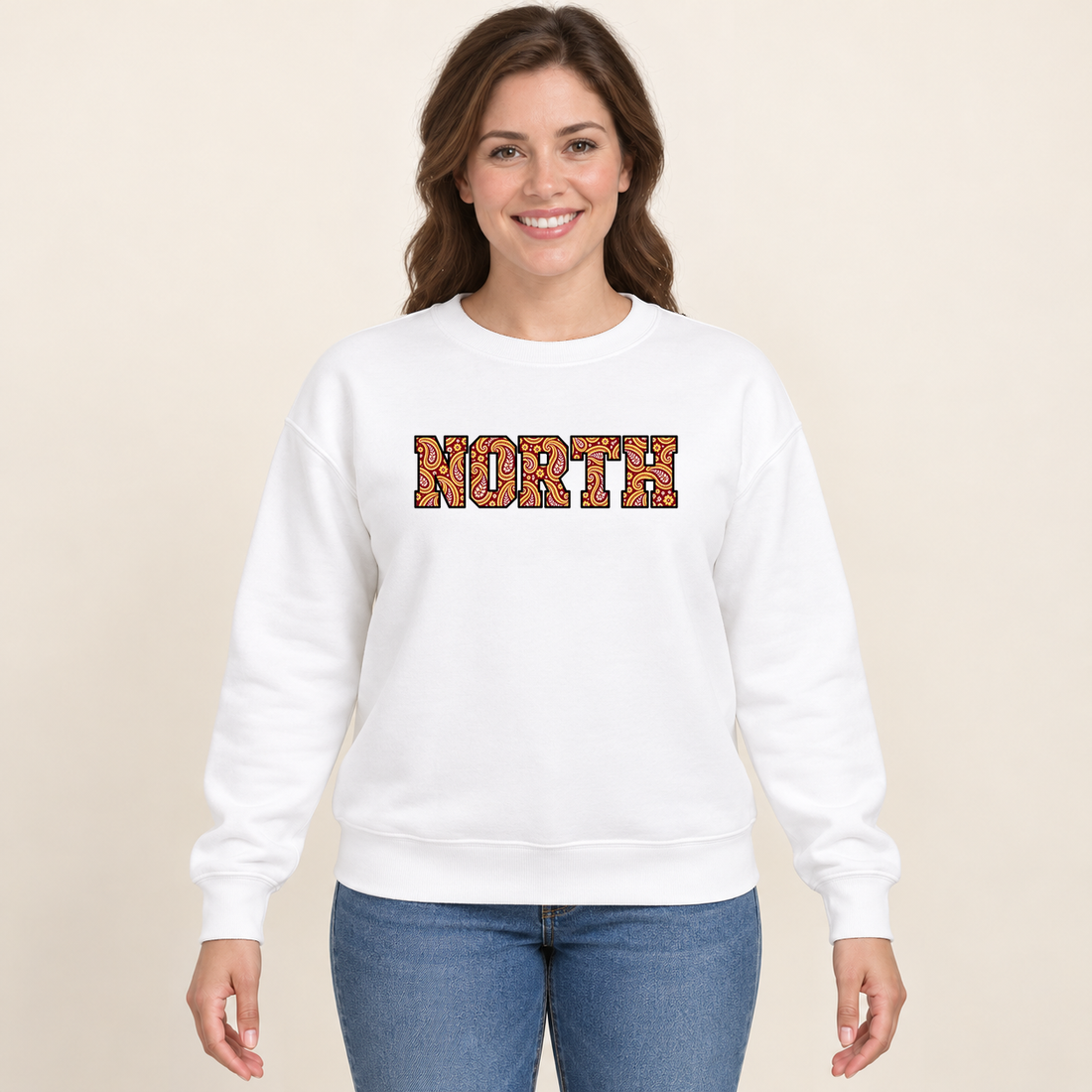 north paisley crewneck in White on a woman model