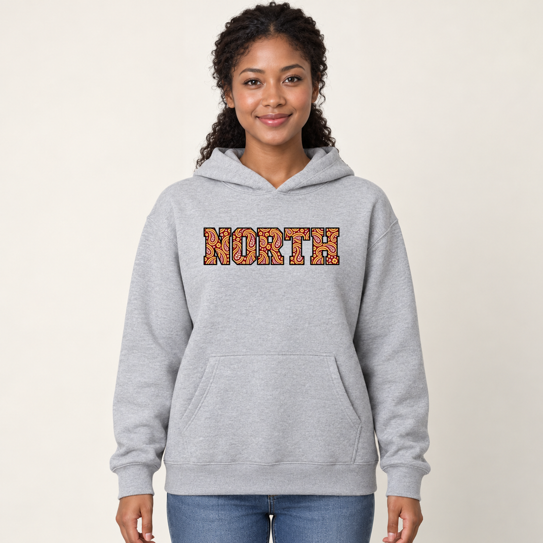 north paisley hoodie in Sport Gray on a woman model