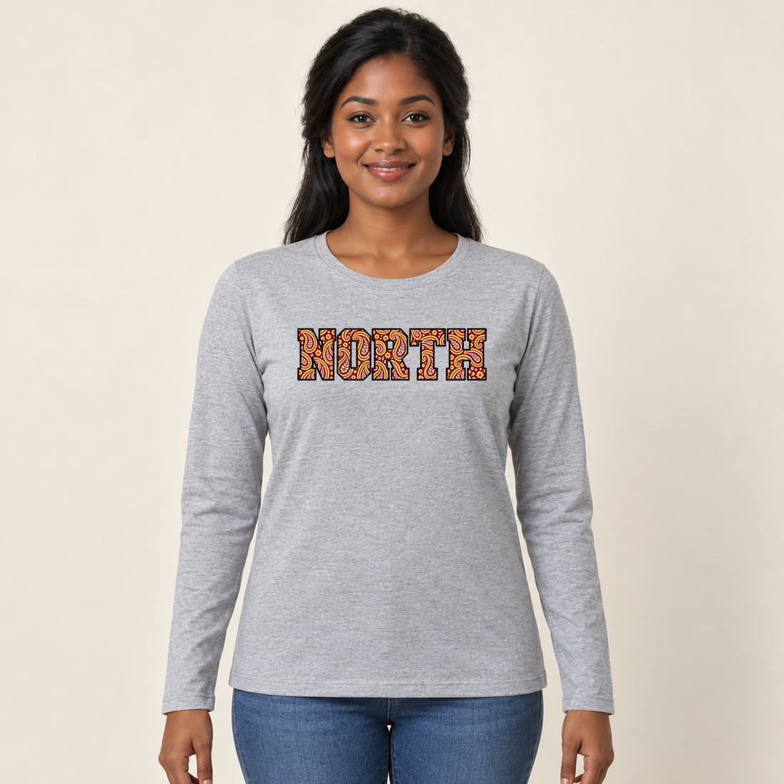 north paisley long-sleeve in Sport Gray on a woman model