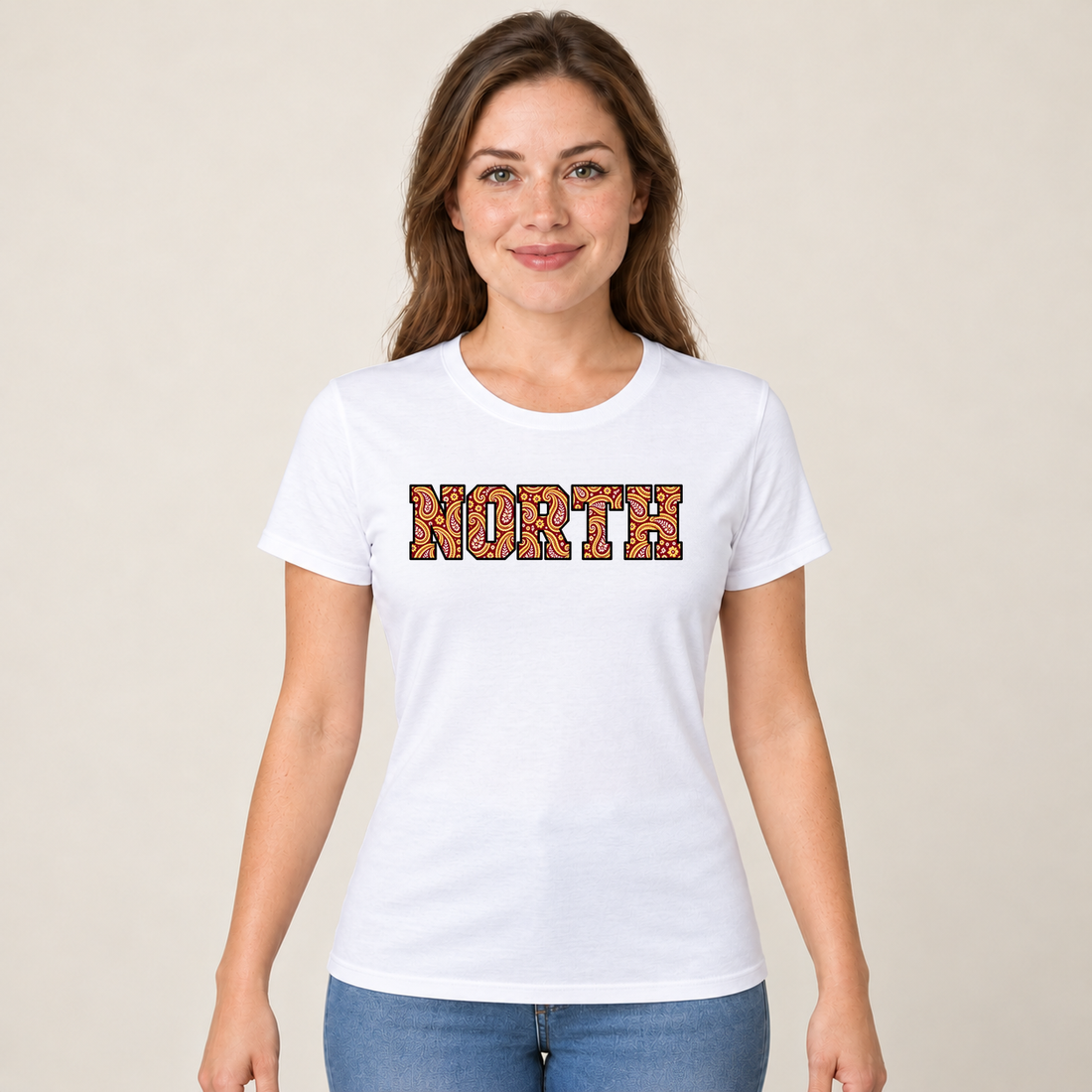 North original paisley T-shirt in White on an adult woman model