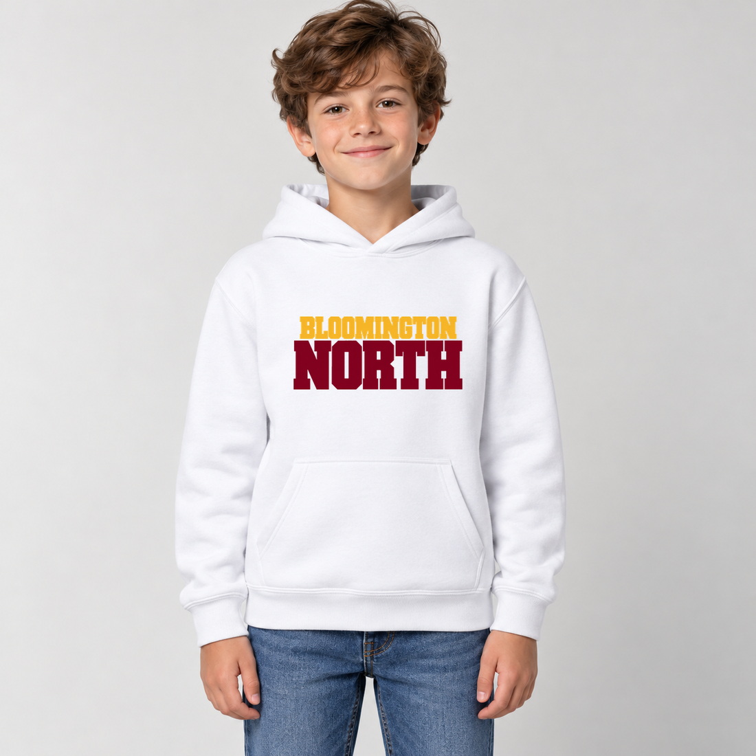 North Cougars Classic Varsity Youth Hoodie on an age-appropriate male model wearing White