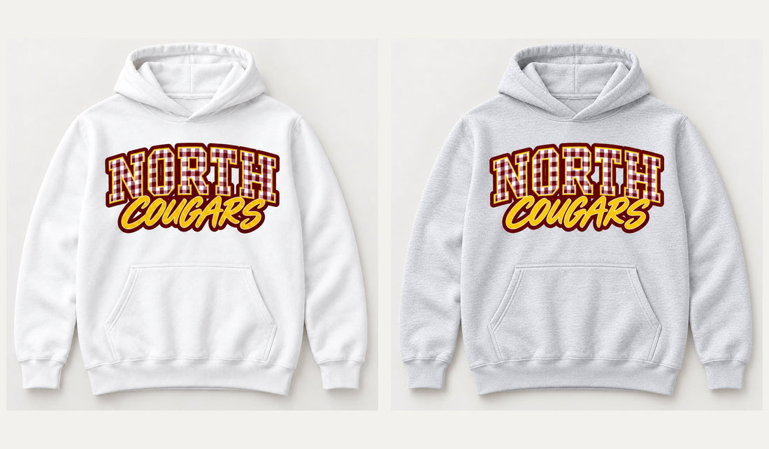 North gingham hoodie: White (left), Heather gray (right)