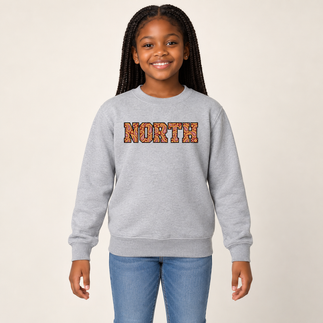 north paisley crewneck in Sport Gray on a girl model