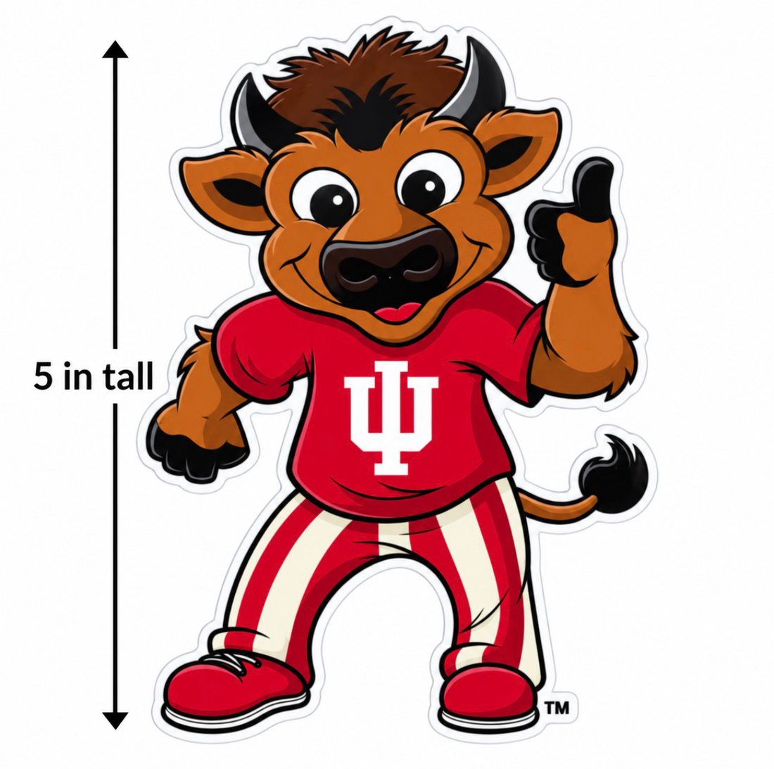 Smiling bison sticker decal in red IU shirt and striped pants, labeled 5 inches tall