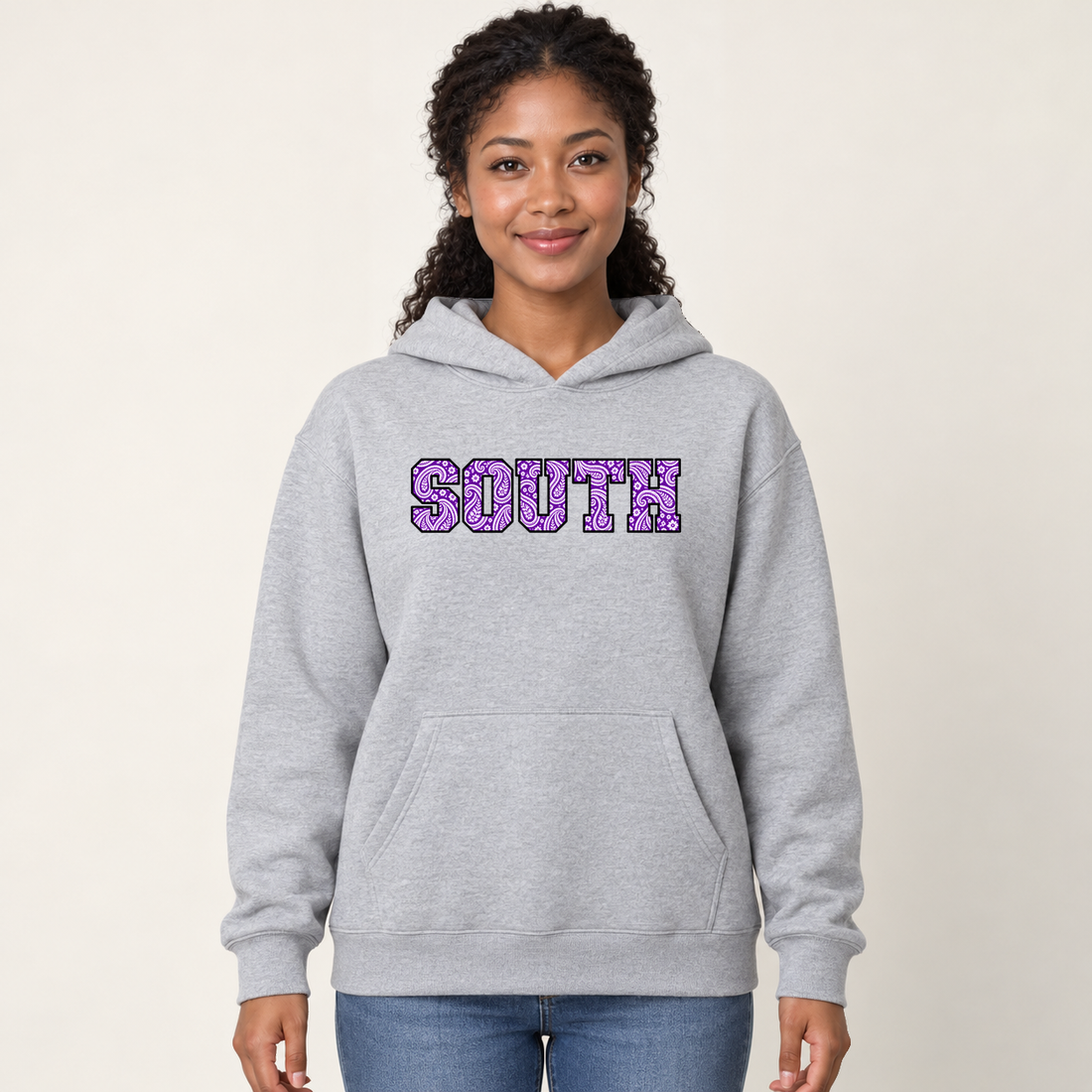 south paisley hoodie in Sport Gray on a woman model