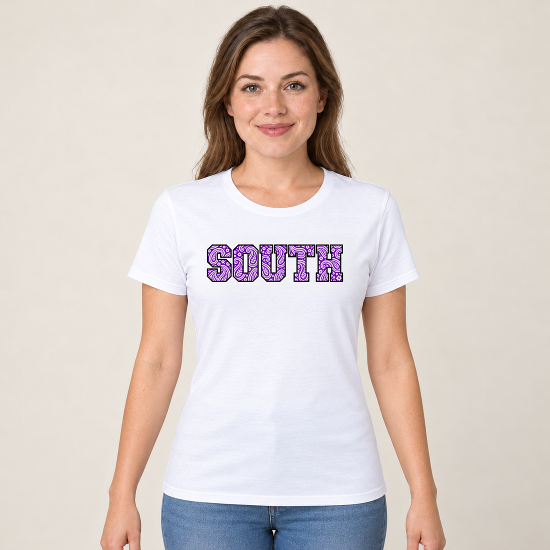 south paisley short-sleeve in White on a woman model