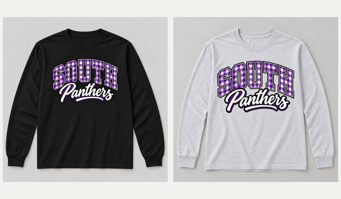 South gingham long-sleeve-tee: Black (left), Heather gray (right)