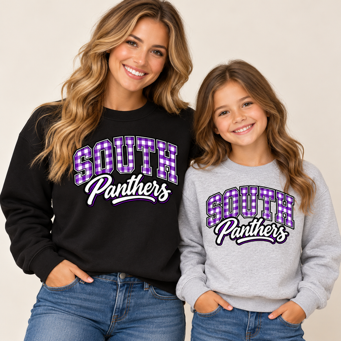 Woman in black and girl in gray South Panthers gingham crewnecks