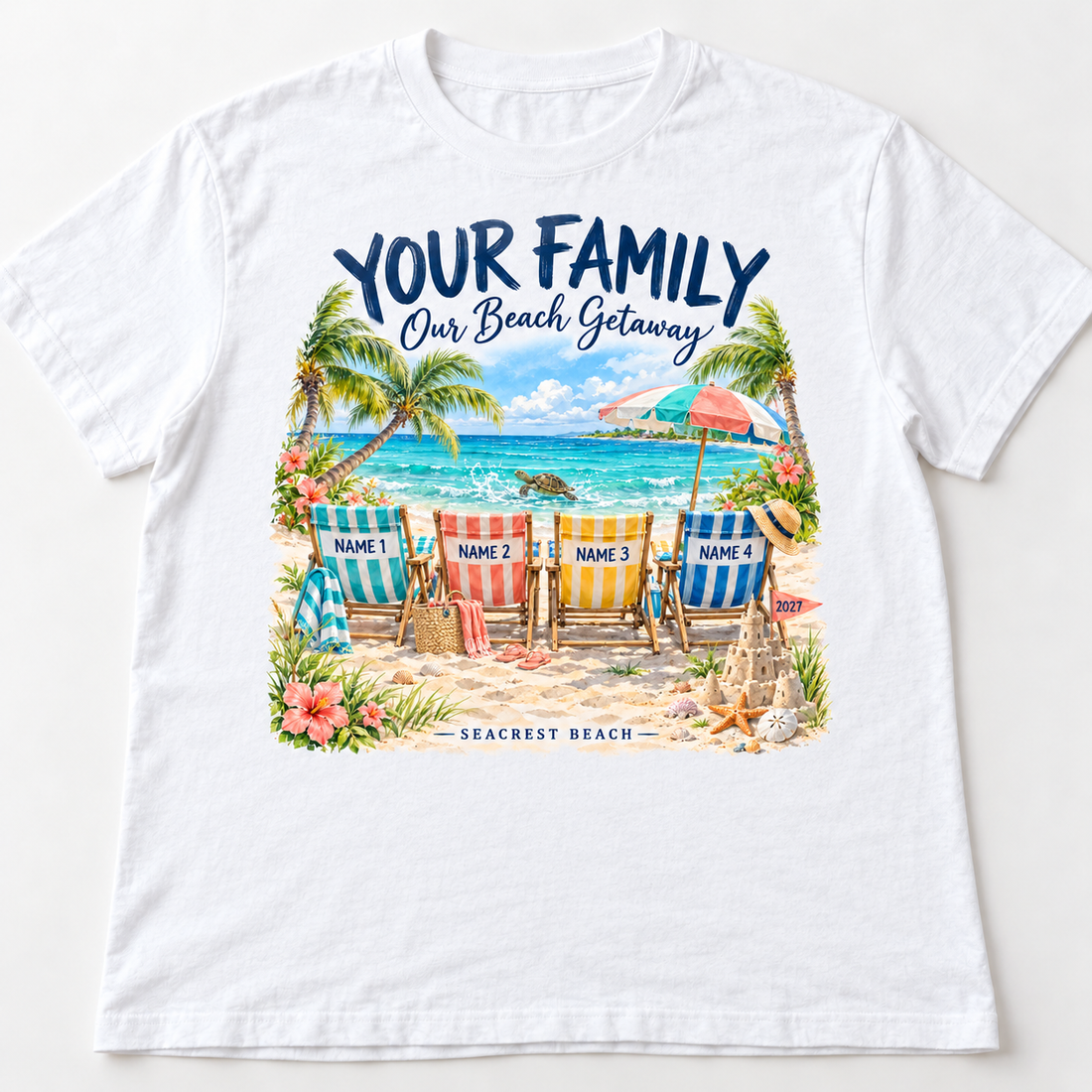 Personalized Beach Getaway Vacation Tee mockup on a white short-sleeve tee.