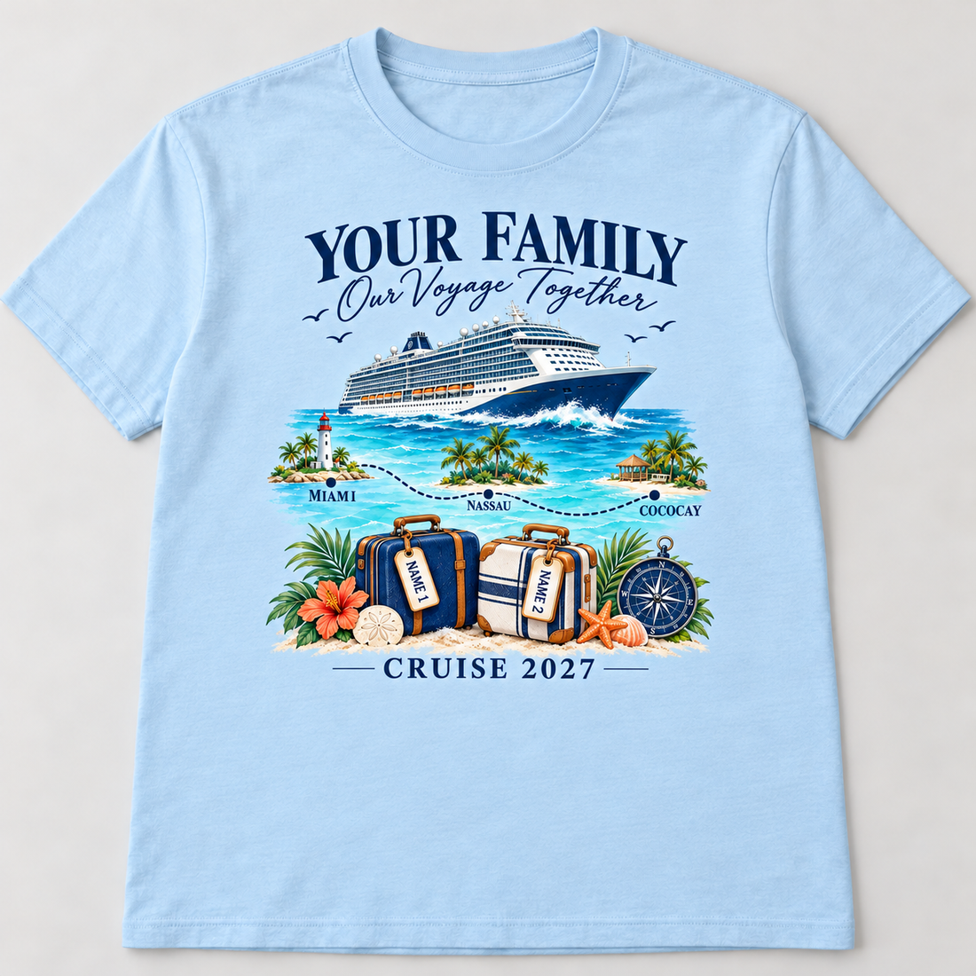 Personalized Voyage Together Vacation Tee mockup on a light blue short-sleeve tee.