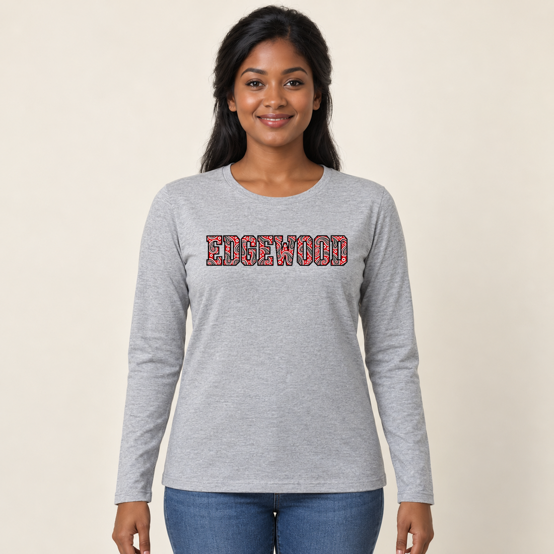 edgewood paisley long-sleeve in Sport Gray on a woman model