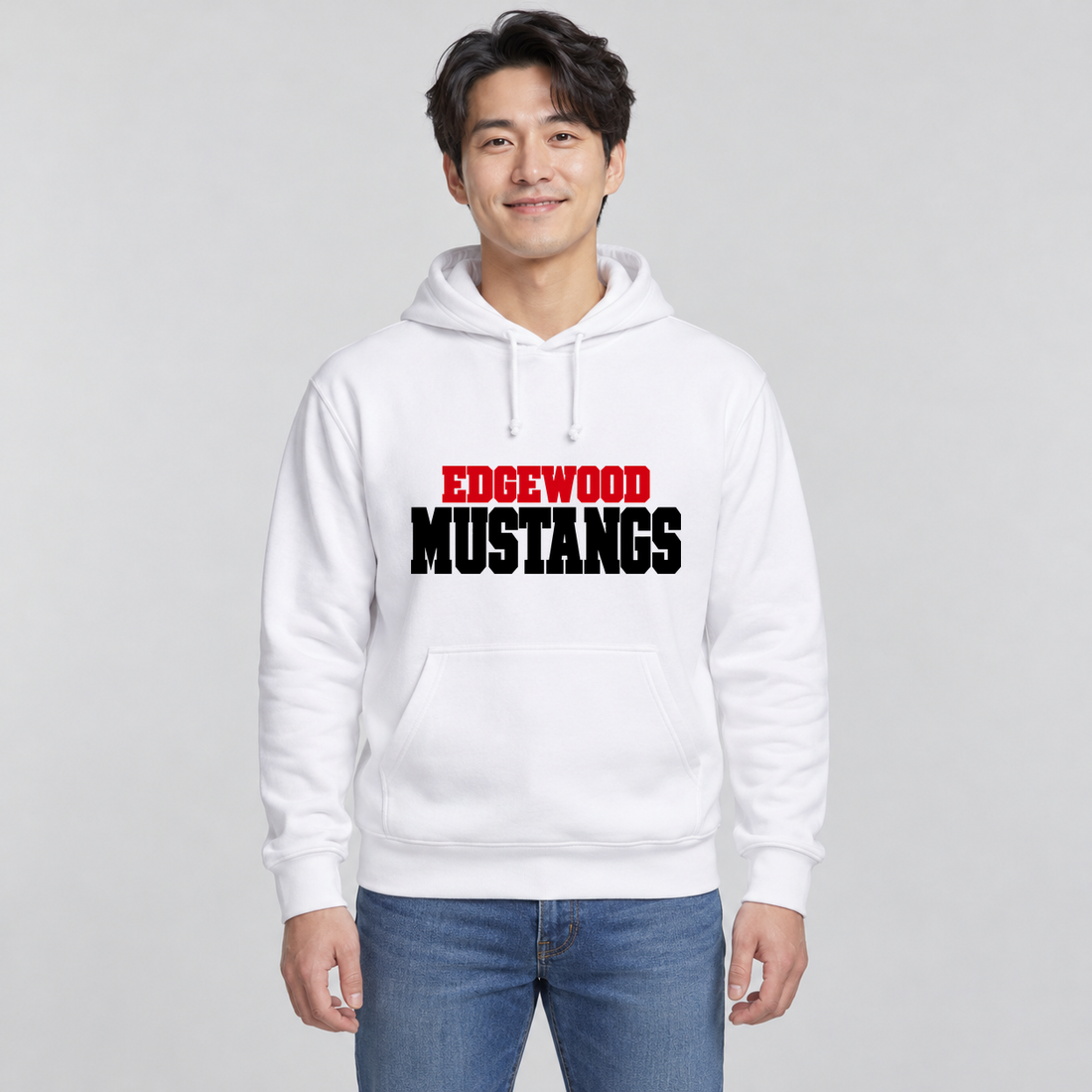 Edgewood Mustangs Classic Varsity Hoodie on an age-appropriate male model wearing White