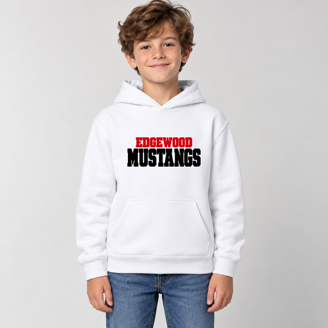 Edgewood Mustangs Classic Varsity Youth Hoodie on an age-appropriate male model wearing White
