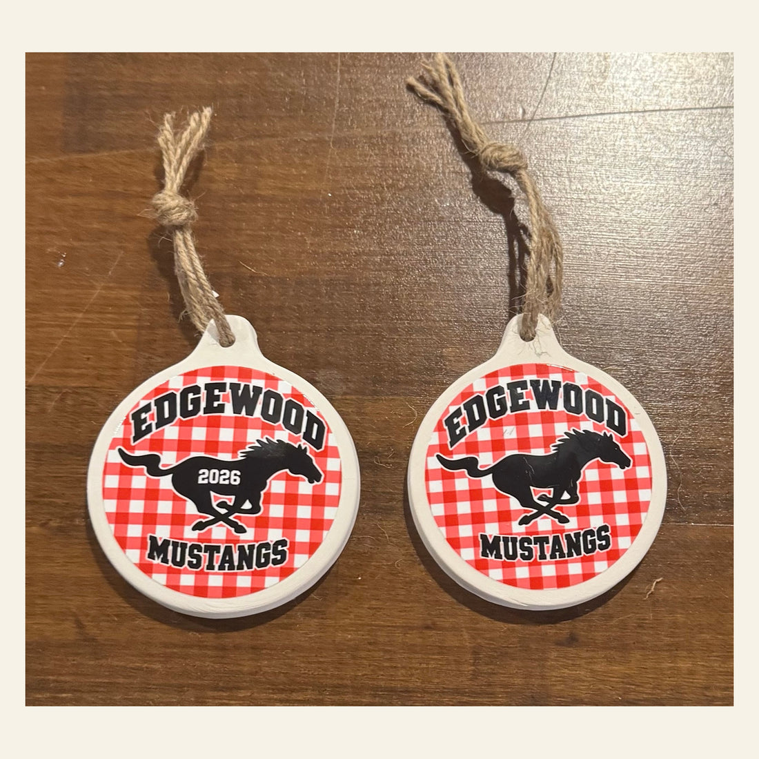 Edgewood Mustangs ornament, 2026 and no-year options shown; sold individually
