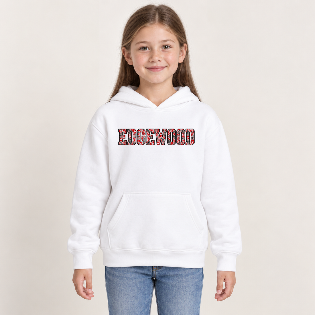 edgewood paisley hoodie in White on a girl model