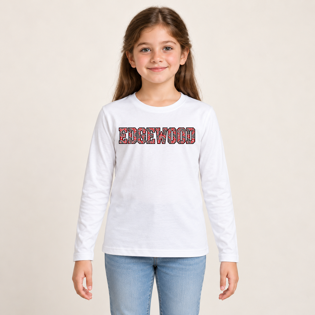 edgewood paisley long-sleeve in White on a girl model