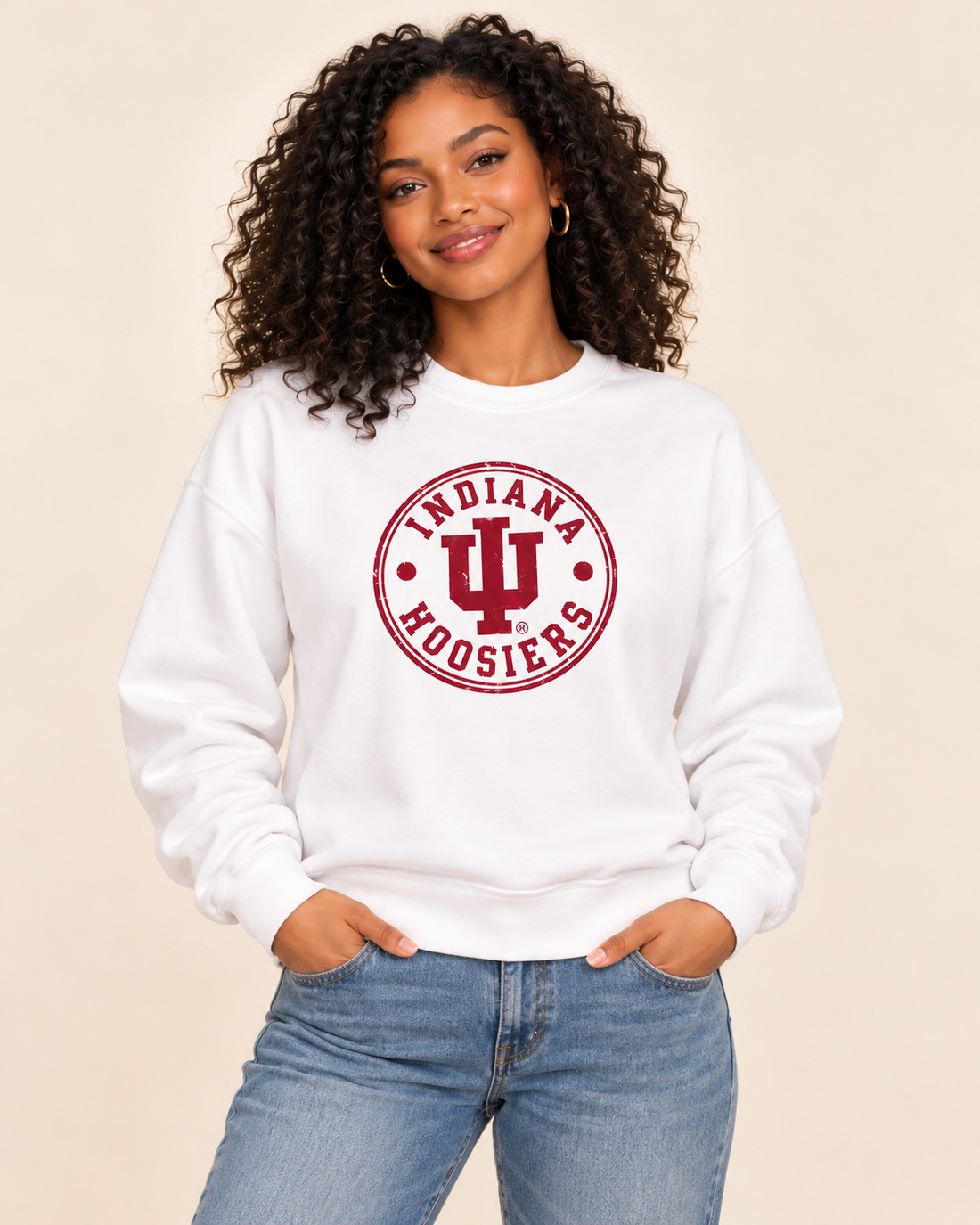 Woman wearing Indiana Hoosiers Distressed Circle design on White crewneck
