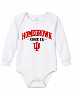 Homegrown Hoosier Block IU Long Sleeve Baby Onesie in White