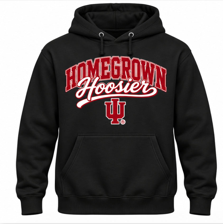 Homegrown Hoosier Script IU Hoodie in Black — Contrast outline artwork