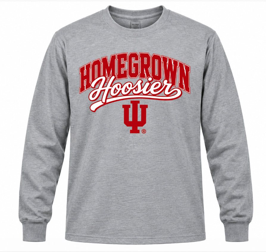 Homegrown Hoosier Script IU Long Sleeve Tee in Heather Gray