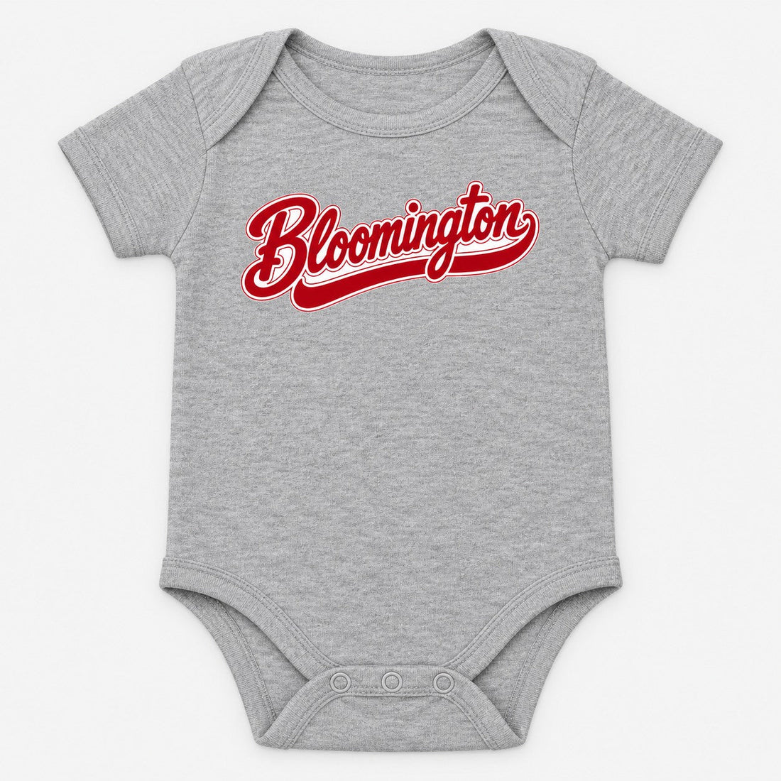 Bloomington Script Short Sleeve Baby Onesie in Heather Gray