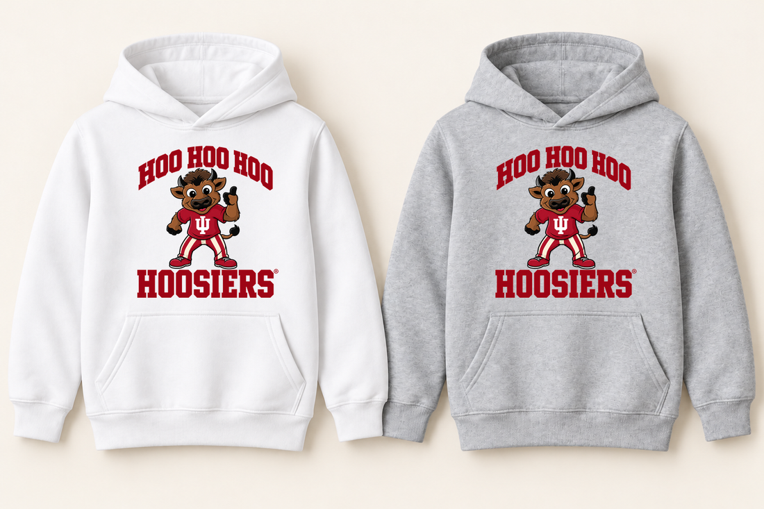 Hoo Hoo Hoo Hoosiers Youth Hoodie in White and Sport Gray, no drawstrings
