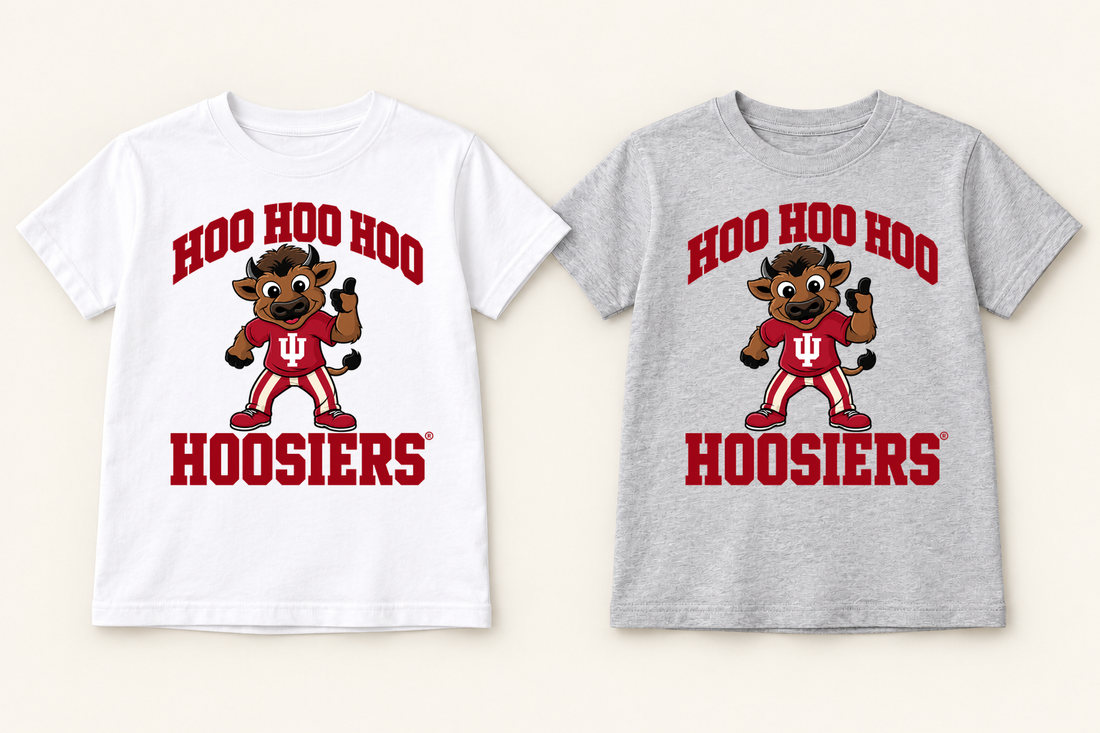 Hoo Hoo Hoo Hoosiers Youth T-Shirt in White and Sport Gray