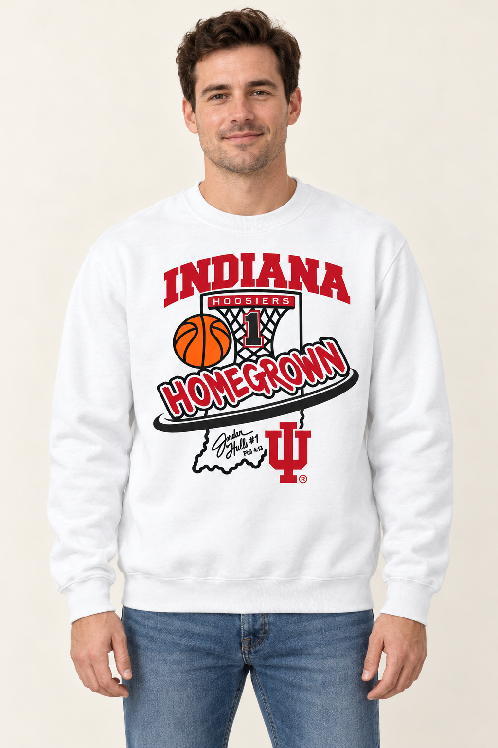 Homegrown Smaller White Crew adult model wearing crewneck
