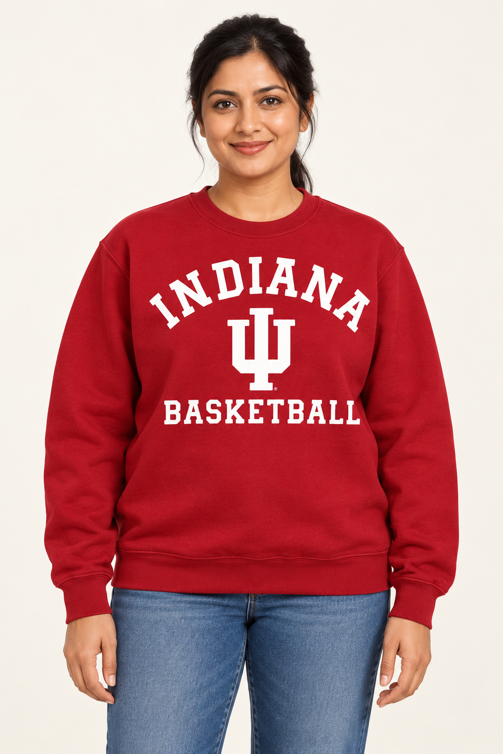 White Indiana IU Basketball Crimson Crew adult model wearing crewneck