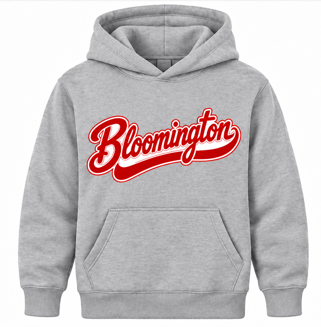 Bloomington Script Youth Hoodie in Heather Gray — approved no-drawstring mockup